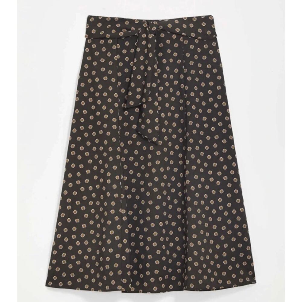 LOFT Floral Gray Satin Midi Cottage Skirt w/ Belt Size 4